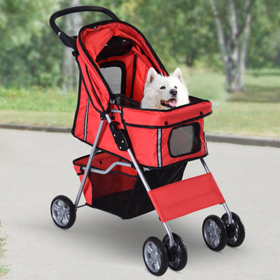 PawHut 4 Wheel Dog Pet Stroller Folding Sunshade Canopy with Brake Red